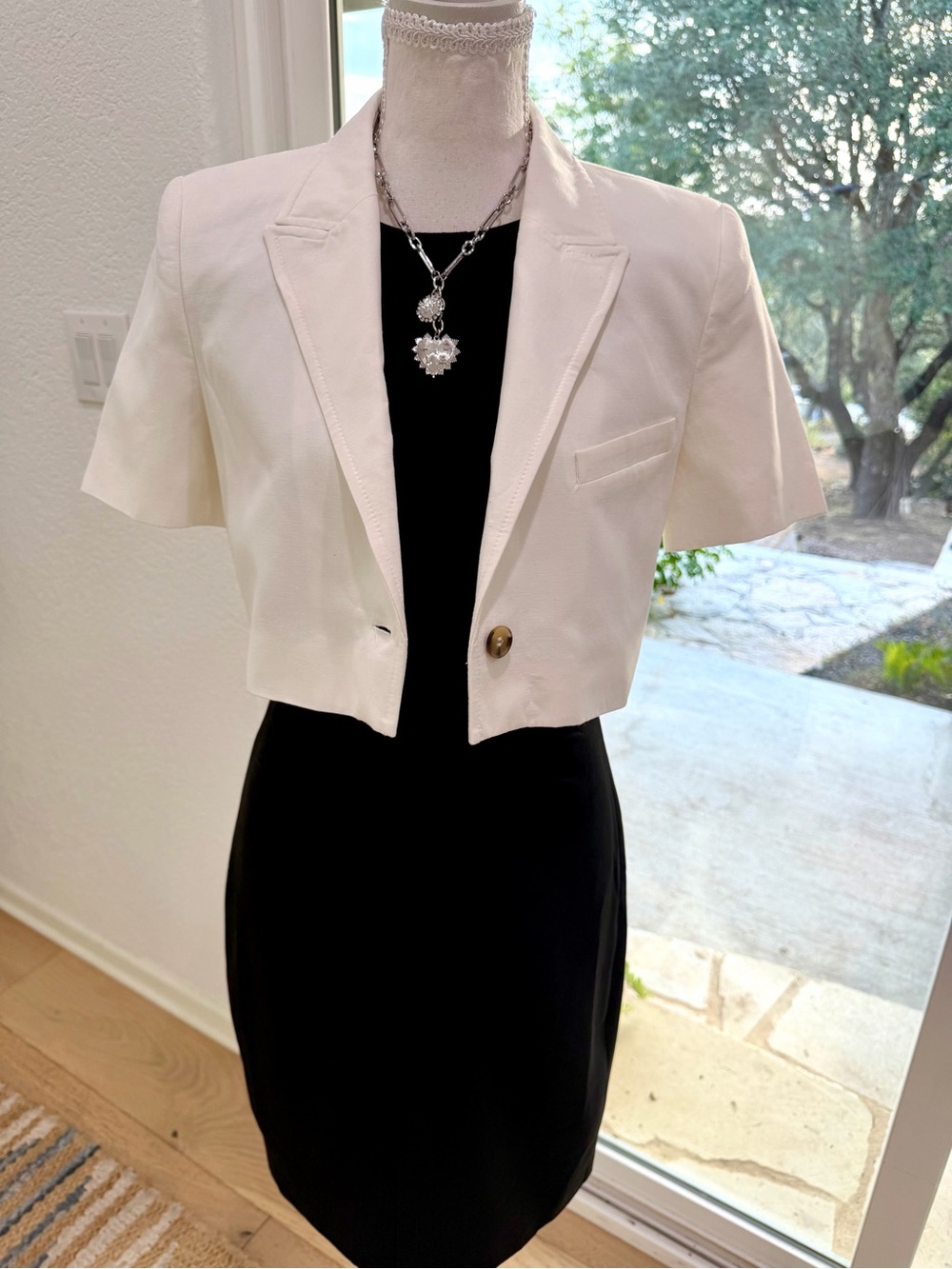 Zara White Short-Sleeve Cropped Blazer With Padded Shoulders XS 100% Cotton
